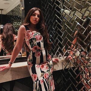 Dolce & Gabbana Silk Black & White Stripe Floral Midi Dress Fluted